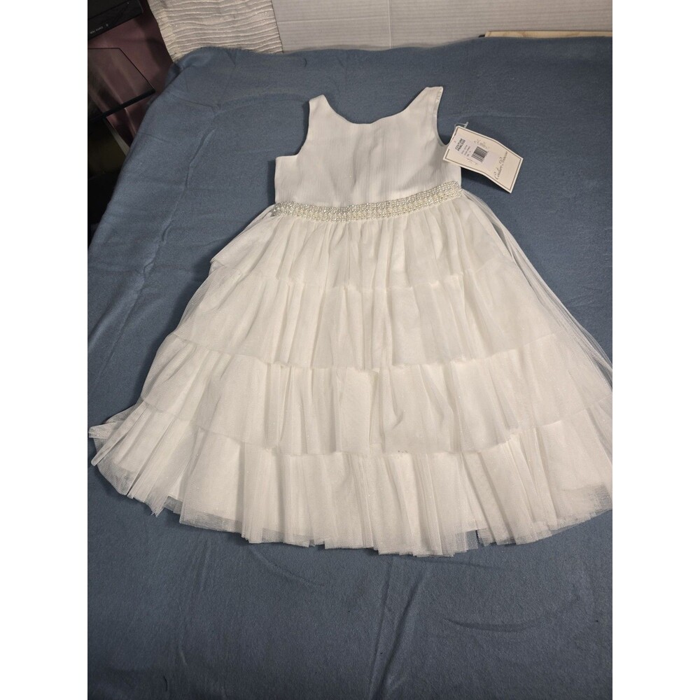 Couture Princess Girls' Ivory Pearl-Trim Ruffle Tulle Formal Flower Girl  8 NWT